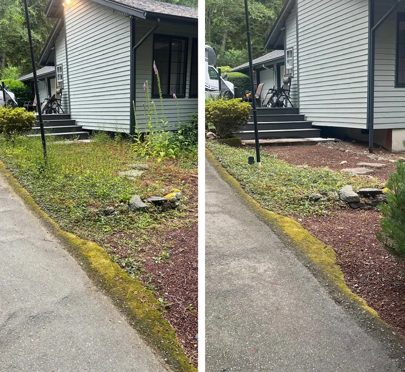 Before and after of a front-entry bed: weeds and moss cleared and refreshed with fresh bark mulch and stepping stones to the porch