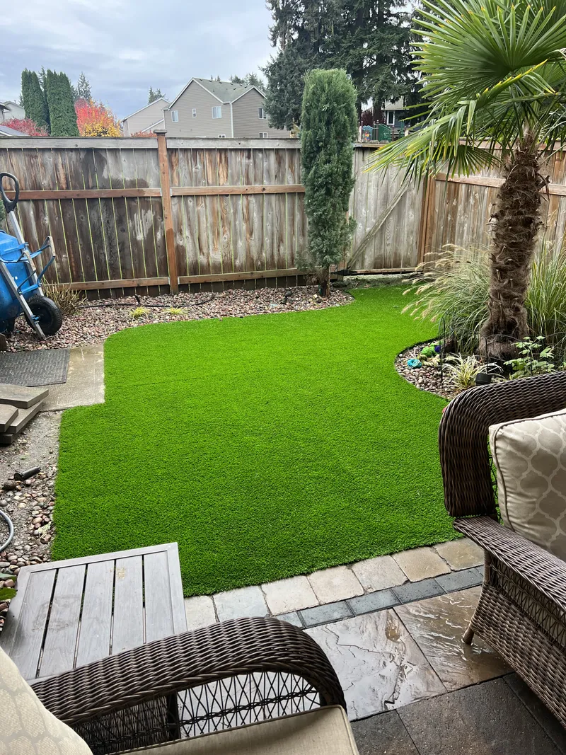 Backyard finished with new synthetic turf lawn, pavers and a palm tree